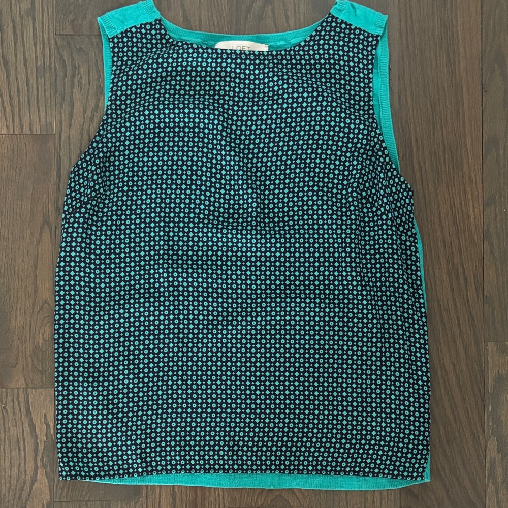 LOFT Navy Blue and Teal Patterned Tank Top, Size S